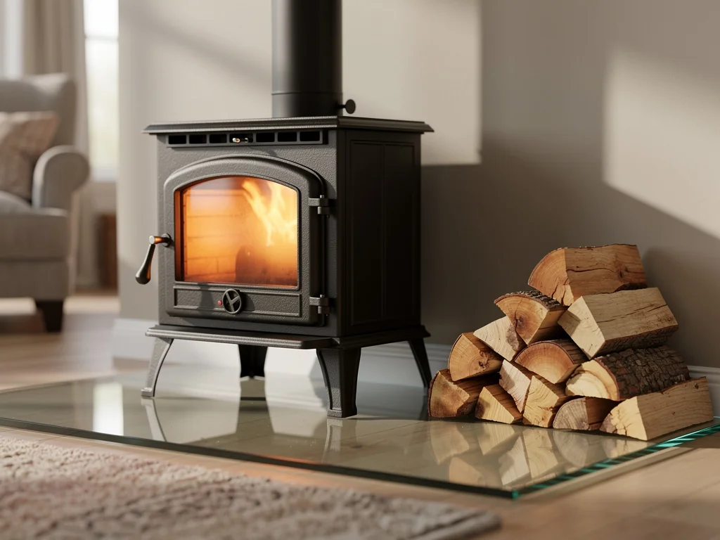 Poêle à bûches en fonte noire sur sa plaque de verre, bûches empilées