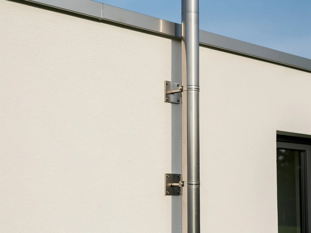 Sortie de conduit inox fixée le long d'une façade enduite