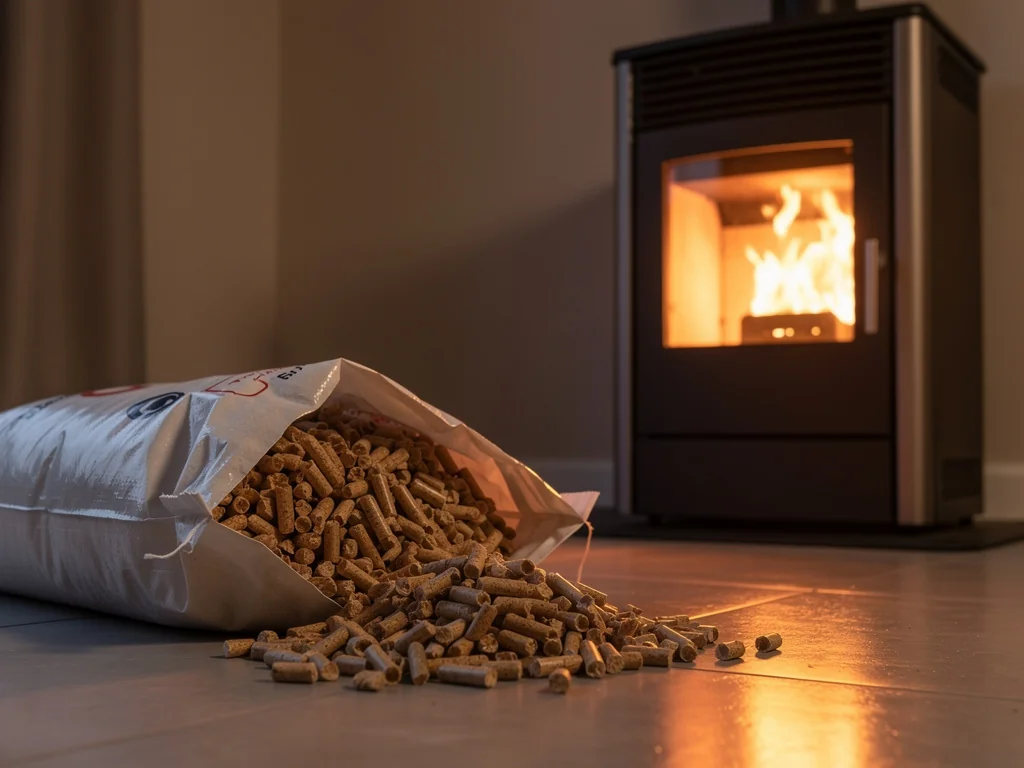 Sac de granulés de bois ouvert près d'un poêle qui chauffe